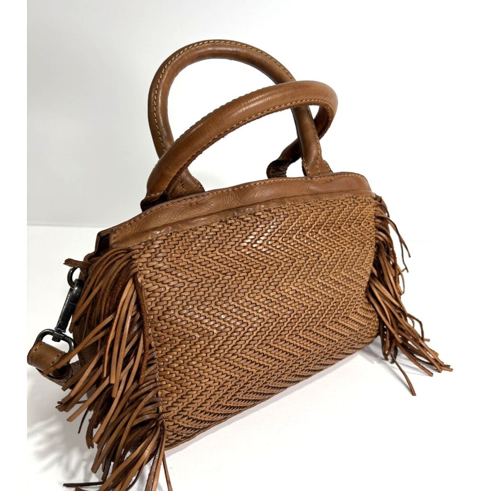 Latico NJ USA Crossbody Bag Brown Leather Woven Herringbone Fringe Handbag